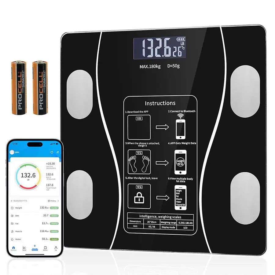 Báscula de Peso Digital LED Inalámbrica Inteligente, Bluetooth Analizador de Grasa y Composición Corporal, Báscula de Salud Personal Hogar