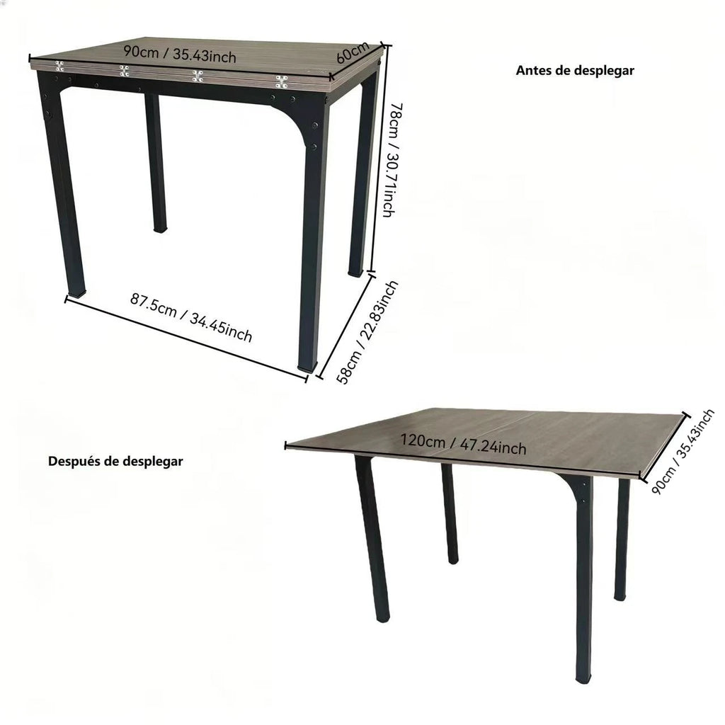 Mesa Comedor Rectangular Extensible para 4-6 Personas, Tapa Madera Negra con Revestimiento Polvo Negro en Patas Metal, Mesa Comedor Grande con Hoja Extensible Separada Mesa de Escritorio con Superficie Plegable