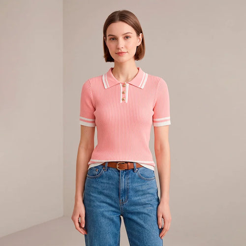 Blusa Polo de Punto Acanalado con Detalles en Contraste y Botones Dorados