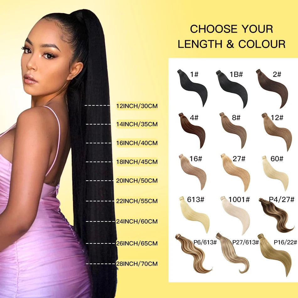 Cola de Caballo de cabello humano Yelo, Clip envolvente en pieza de cabello, extensión de cola de caballo, cabello humano liso con pasta mágica