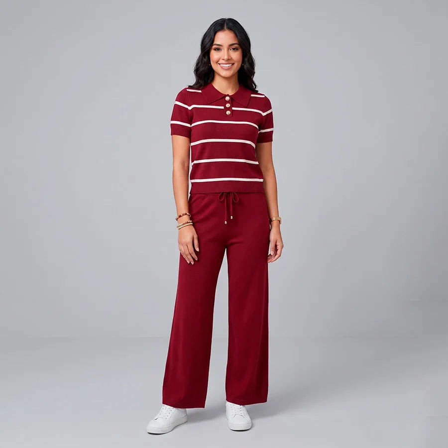 Conjunto de Dos Piezas "Aesthetic Sailor" – Blusa Polo a Rayas y Pantalón Wide Leg