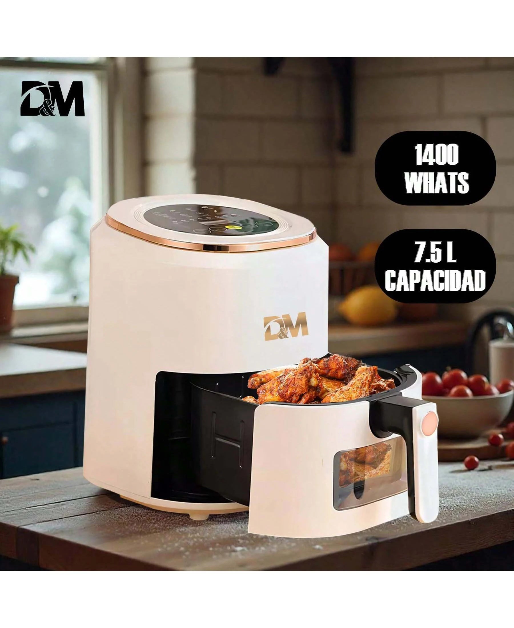 Freidora de Aire 7.5L XXL con Ventana Visual, 10 Programas Automáticos, Cocción Sin Aceite 360°, Antiadherente, Temporizador, Ideal para Pollo/Papas/Pizza, Hogar y Oficina.