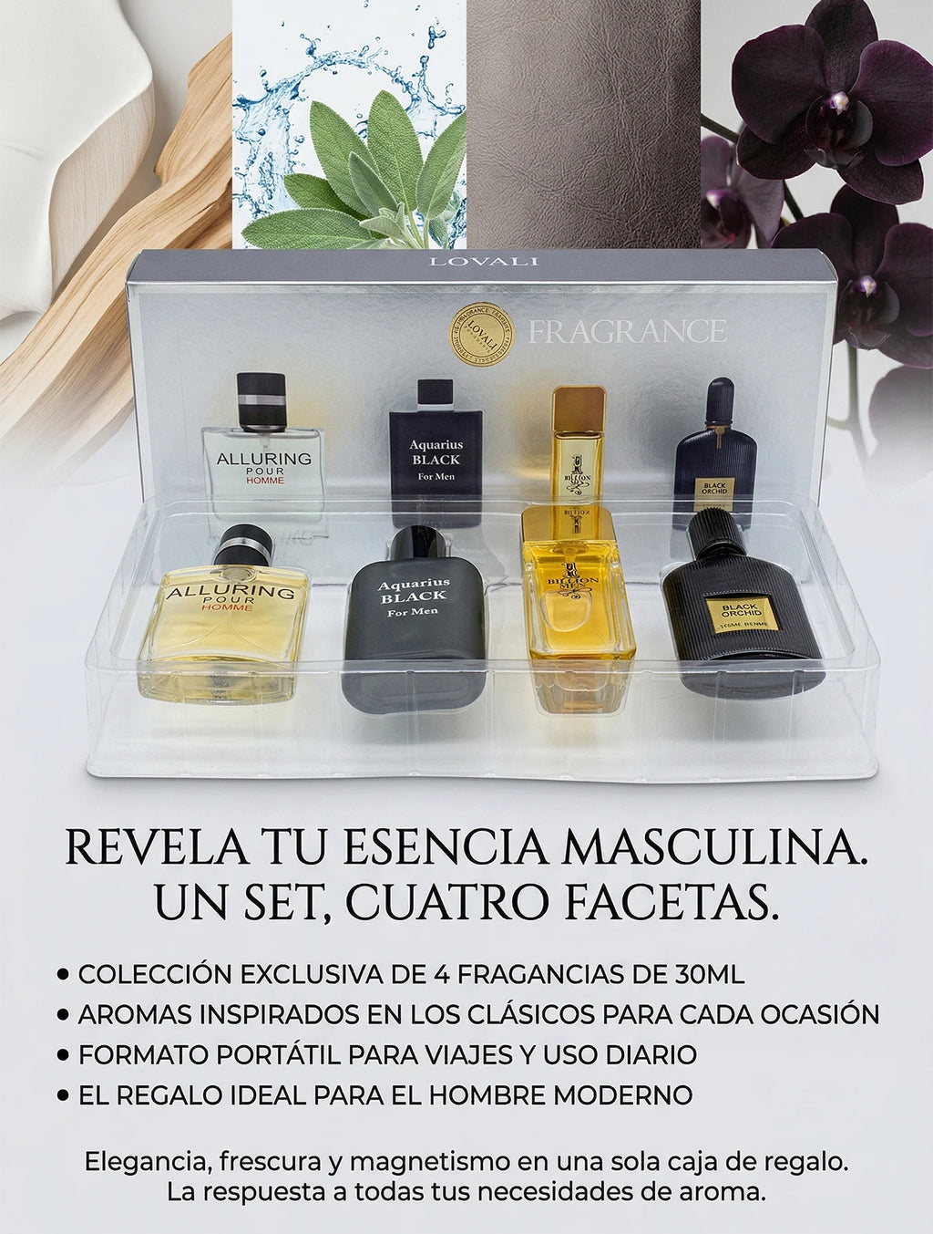 Set de Perfumes para Hombre Lovali 4 Fragancias de 30ml Regalo Ideal para Caballero Aromas de Lujo Cítrico Madera y Marino Estuche de Lociones Masculinas Colección Exclusiva para Viaje y Uso Diario Aroma Duradero