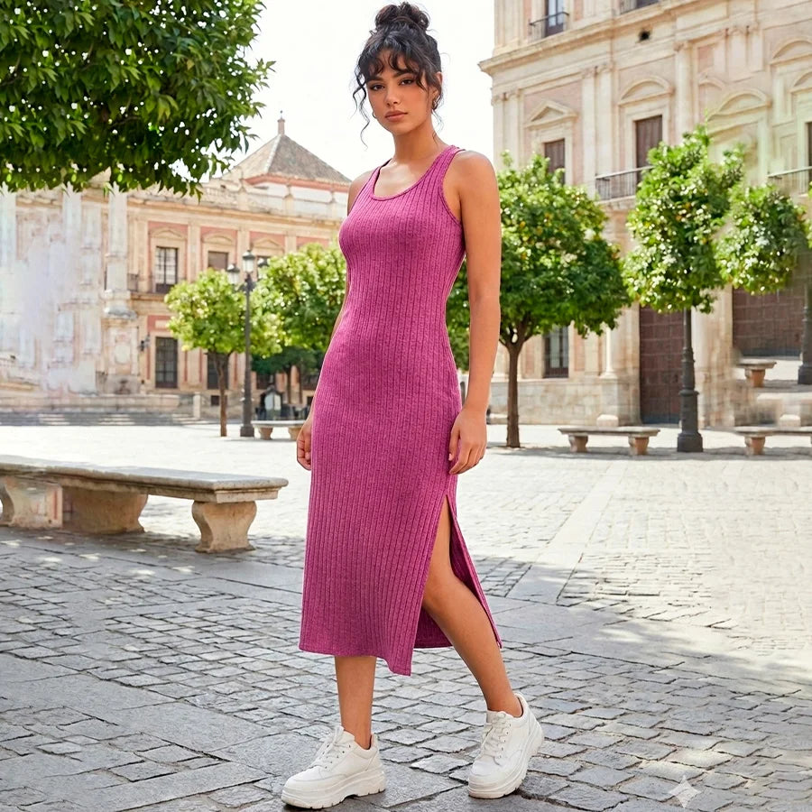 Vestido Midi de Canalé con Abertura Lateral: Chic y Atemporal