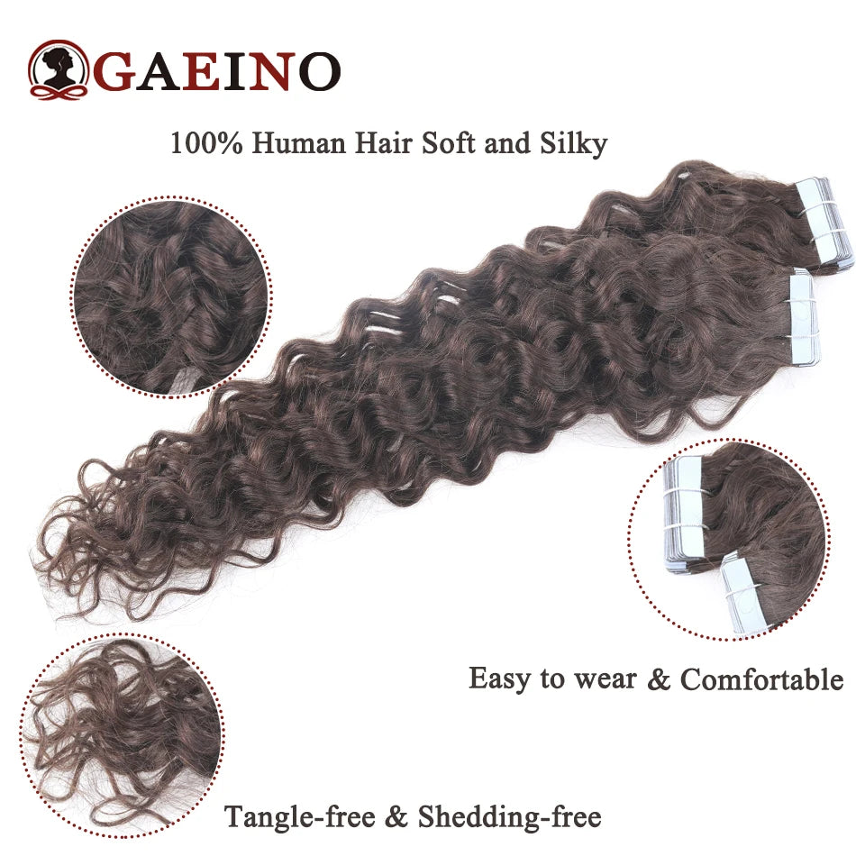 Cinta de onda de agua en extensión de cabello humano, cinta de trama de piel de cabello brasileño en cabello humano rizado, Color negro, marrón y Rubio, 20 piezas por juego
