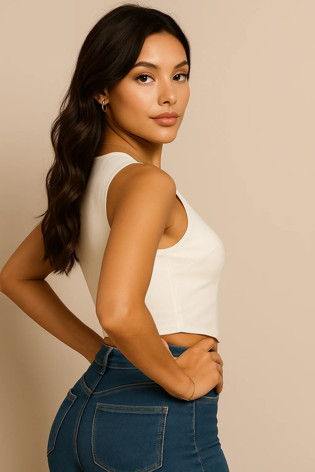 Blusa crop sin mangas con cuello y cierre frontal elegante