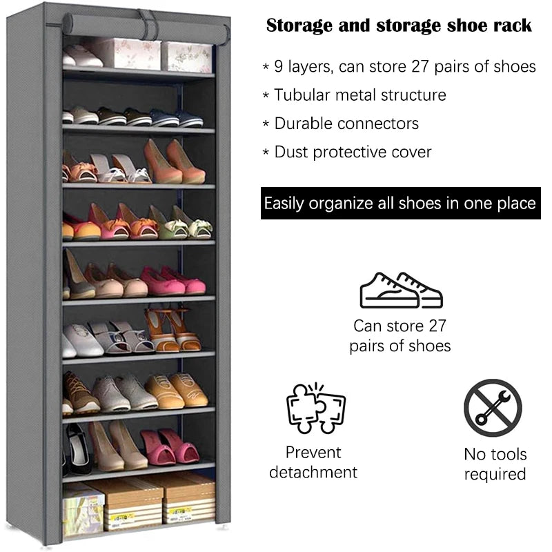 Zapatera Organizador 9 Niveles Capacidad 27 Pares Closet Zapato Tela Impermeable Cubierta Enrollable Color Negro