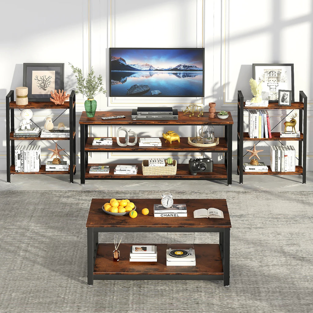 Mesa Consola Industrial de 3 Niveles, Estantería de Almacenamiento para Entrada, Sala y Recámara, 120x40x60 cm, Madera Rústica y Marco de Metal