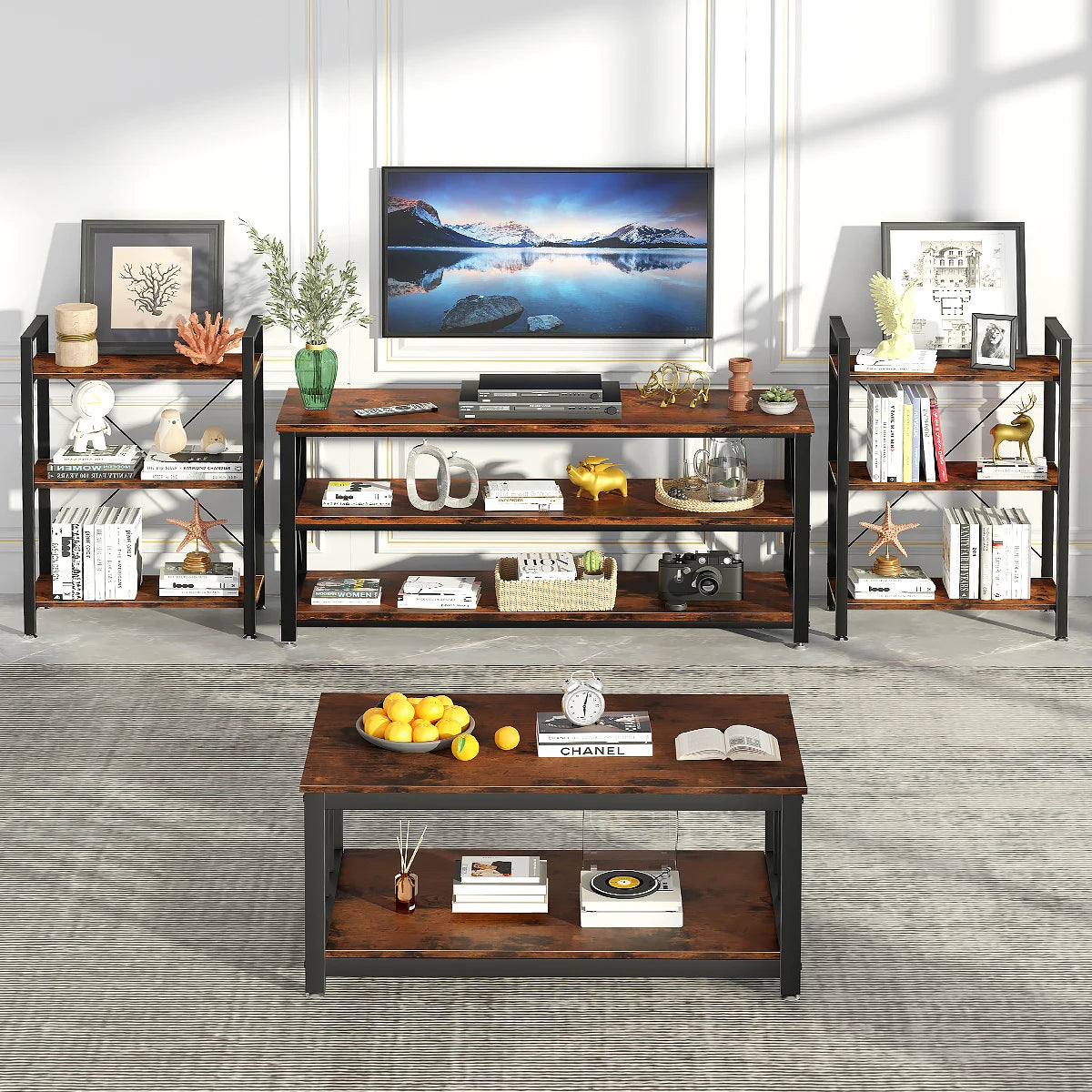 Mesa Consola Industrial de 3 Niveles, Estantería de Almacenamiento para Entrada, Sala y Recámara, 120x40x60 cm, Madera Rústica y Marco de Metal