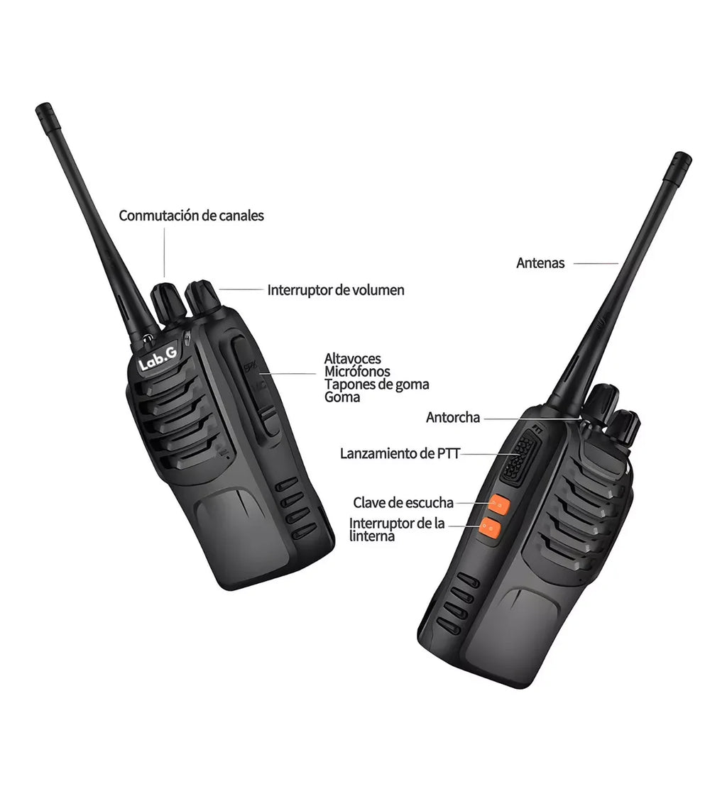 2 Pcs Radios Walkie Talkie Recargable, Con Manos Libres Bandas de frecuencia UHF Lab.G Color Negro