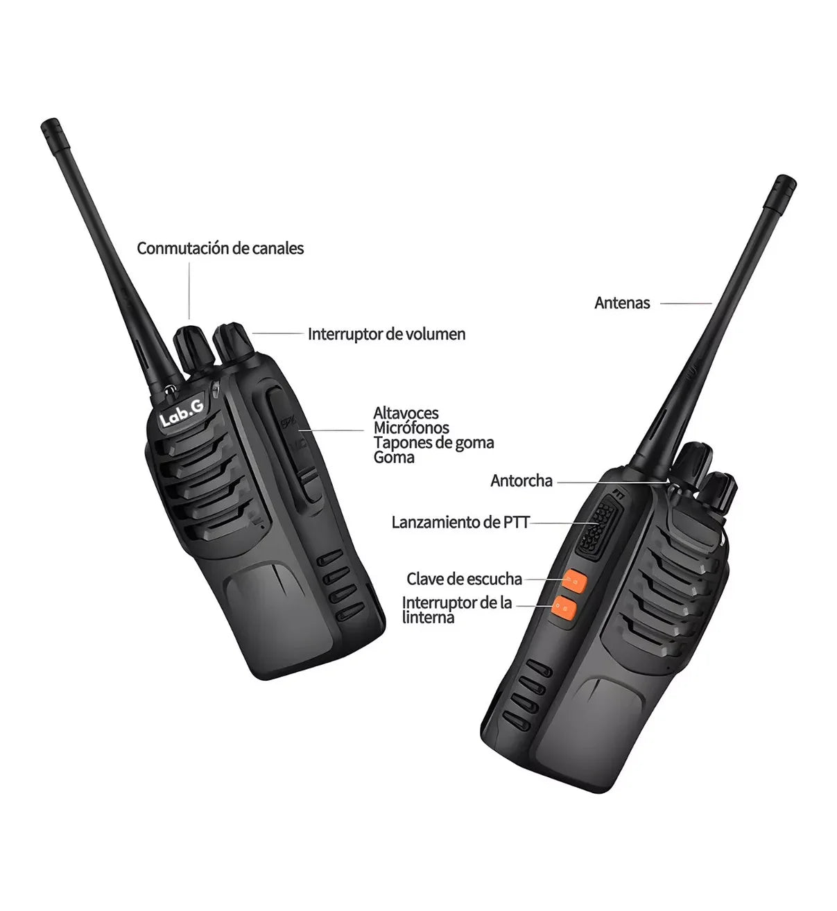 2 Pcs Radios Walkie Talkie Recargable, Con Manos Libres Bandas de frecuencia UHF Lab.G Color Negro