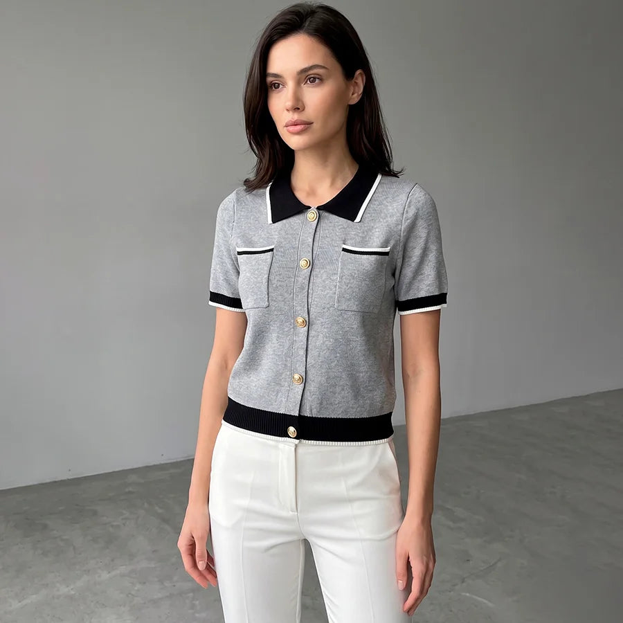 Blusa Tipo Polo De Tejido De Punto Con Botones Y Bolsillos Elegante Casual