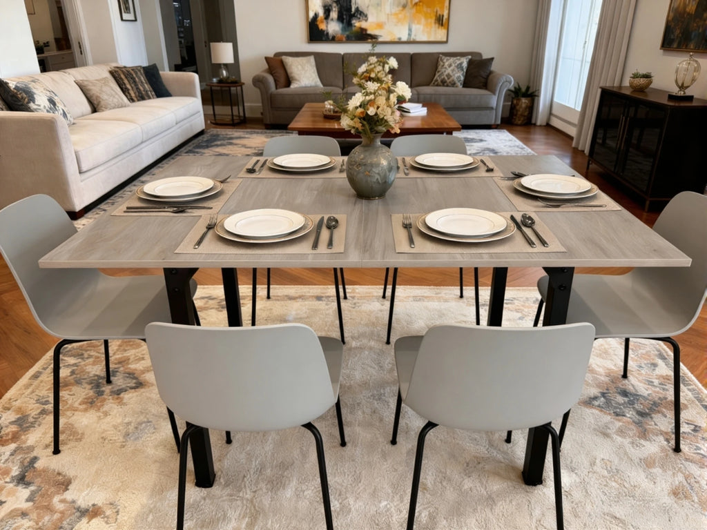 Mesa Comedor Rectangular Extensible para 4-6 Personas, Tapa Madera Negra con Revestimiento Polvo Negro en Patas Metal, Mesa Comedor Grande con Hoja Extensible Separada Mesa de Escritorio con Superficie Plegable