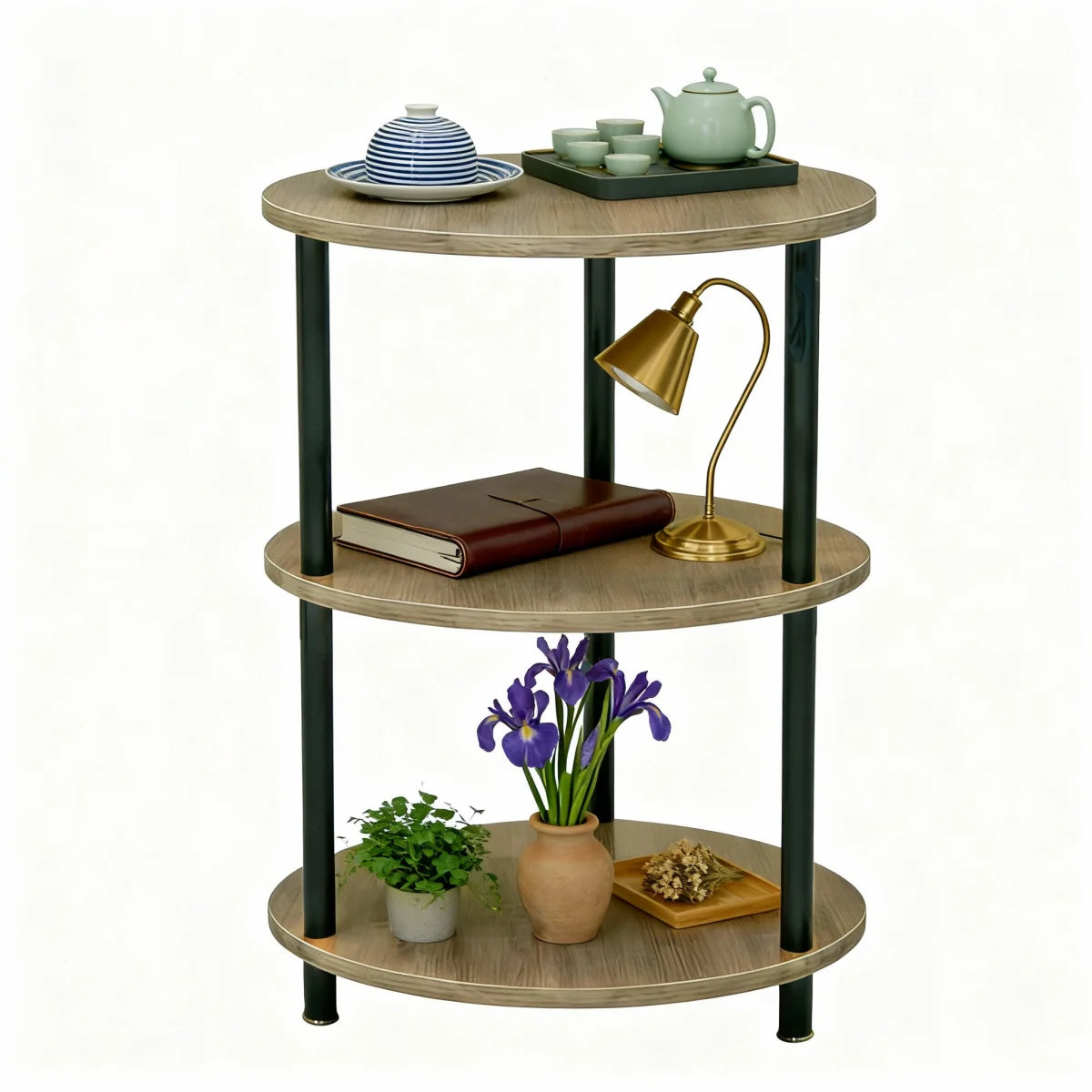 Mesita Auxiliar Redonda Mini, Mesita de Madera de 3 niveles , Ideal como Mesa de Centro, Mesita Lateral de Sofá y Mesita de Noche, 33.5X33.5cm