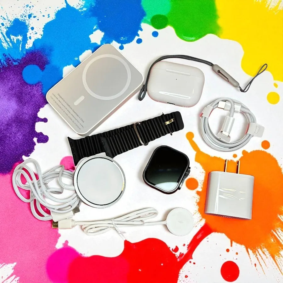 Kit de 6 piezas con reloj inteligente, batería, cargador magnético y audífonos, presentado en caja roja ideal para regalo, perfecto para deporte, música y uso diario, diseño moderno y funcional que combina tecnología y