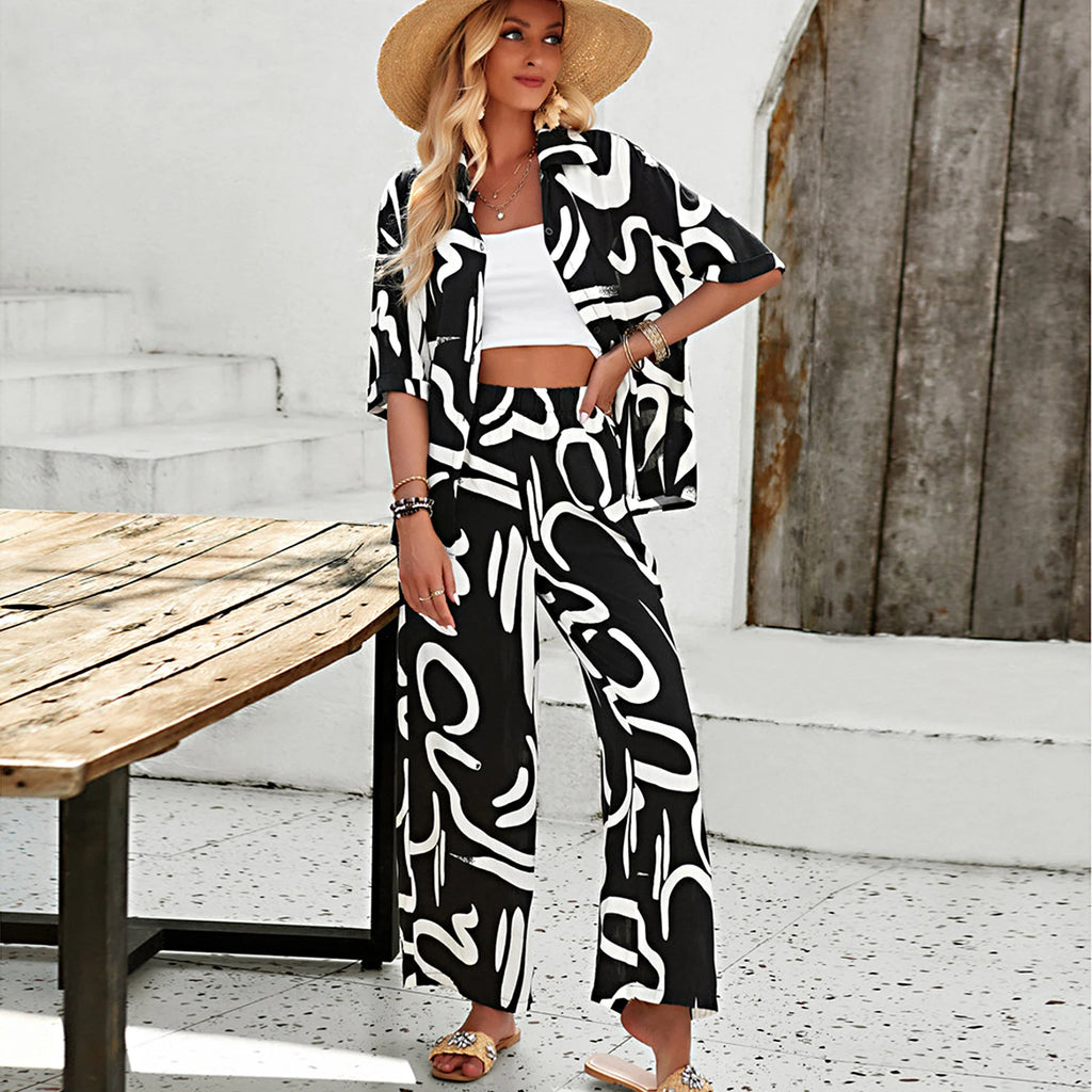 Elegante Conjunto De Dos Piezas Con Estampado De Graffiti Para Mujer,Blusa Abierta Delantera Con Mangas Cortas y Pantalones De Pierna Ancha