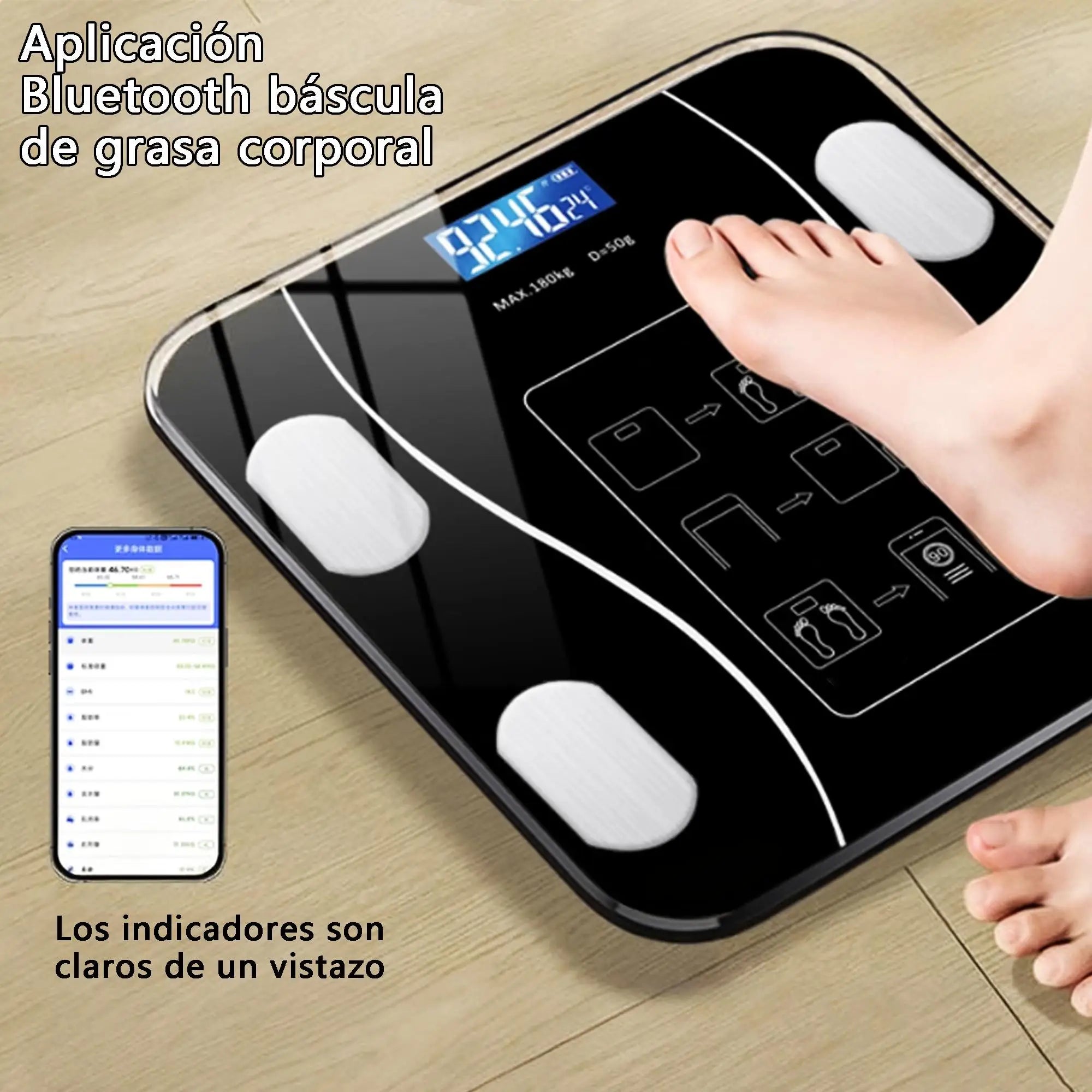 Báscula de Peso Digital LED Inalámbrica Inteligente, Bluetooth Analizador de Grasa y Composición Corporal, Báscula de Salud Personal Hogar