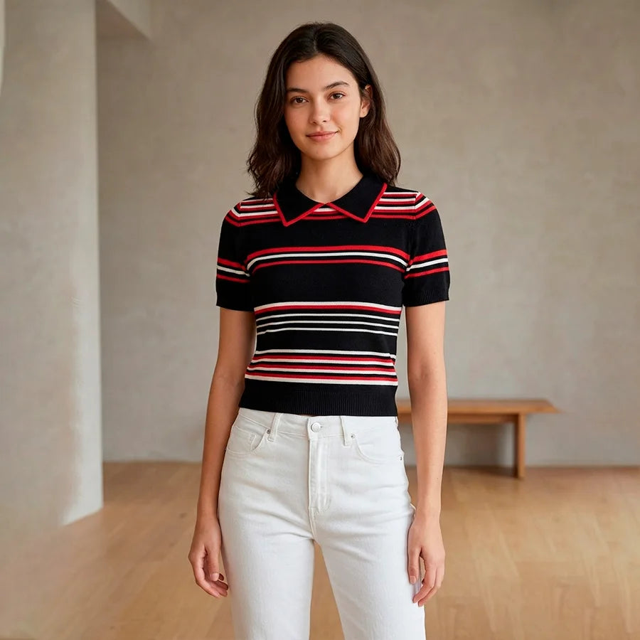 Blusa de Punto con Cuello Polo y Diseño de Rayas Horizontales – Estilo Clásico Casual
