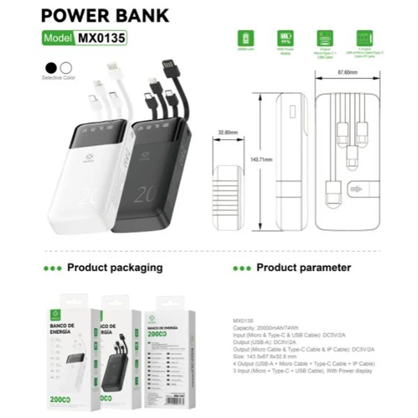 Batería Externa Portátil de 20000mAh/10000mAh con 4 Cables Integrados, Pantalla Digital, 74Wh, para iPhone 16 17 Huawei Xiaomi