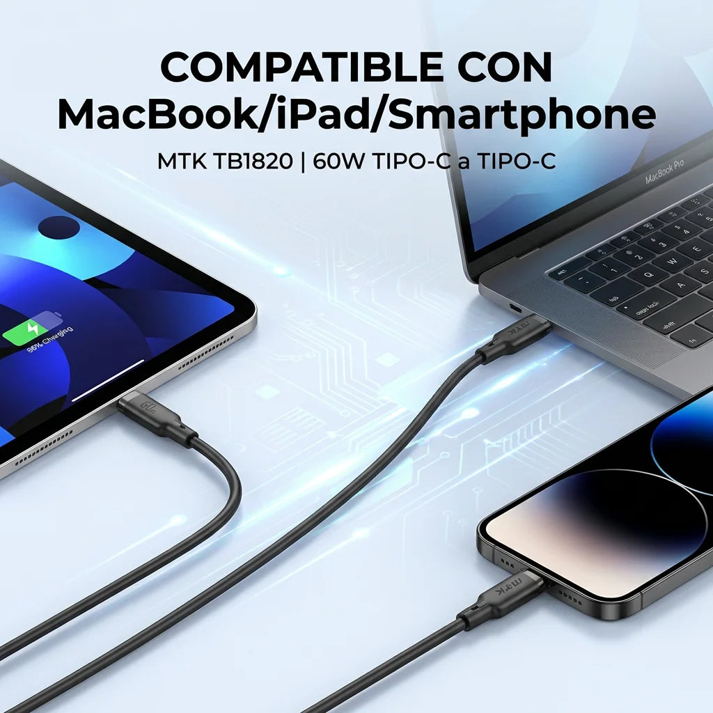 60W Cable USB C 1M Carga Rápida Trenzado – Compatible con iPhone 16/15, Galaxy S24/S23, Pixel, MacBook Air/Pro, iPad Pro, CarPlay, Android Auto (Blanco/Nergo)