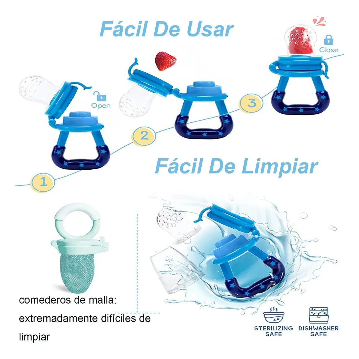 3 Pc Chupón Alimentador Fruta Y Biberón Cuchara Para Papilla Azul LAB.G