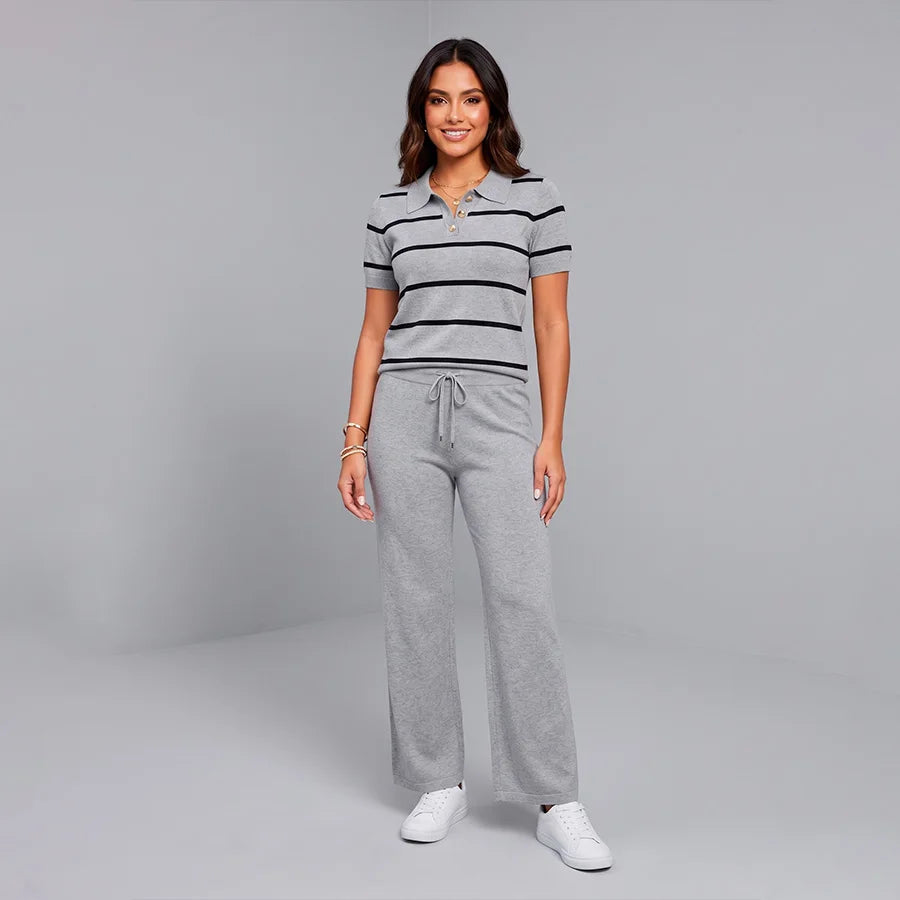 Conjunto de Dos Piezas "Aesthetic Sailor" – Blusa Polo a Rayas y Pantalón Wide Leg