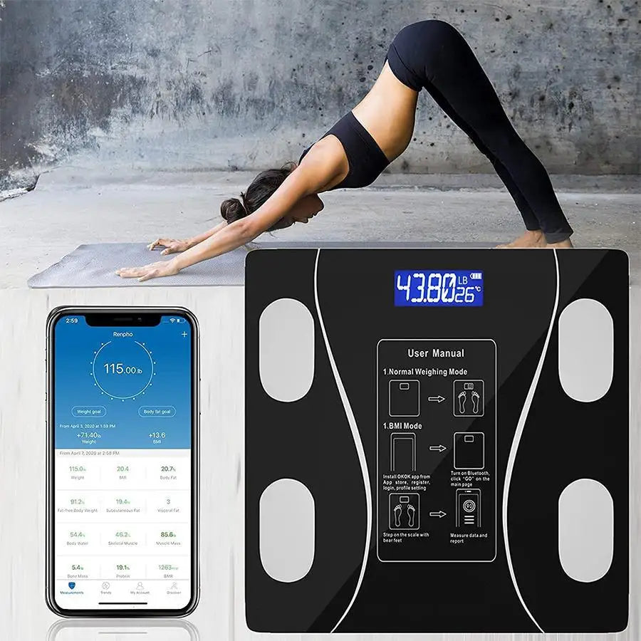 Báscula de Peso Digital LED Inalámbrica Inteligente, Bluetooth Analizador de Grasa y Composición Corporal, Báscula de Salud Personal Hogar