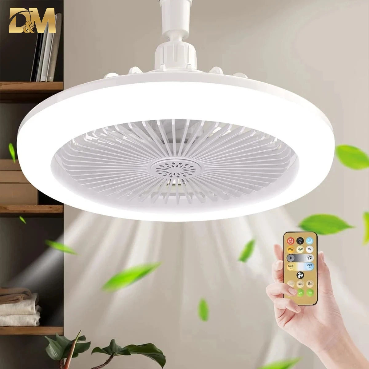 Ventilador de techo circular LED con luz y control remoto, temperatura de color ajustable de 3000 K a 6500 K, tres velocidades, ideal para diversos espacios como dormitorios.