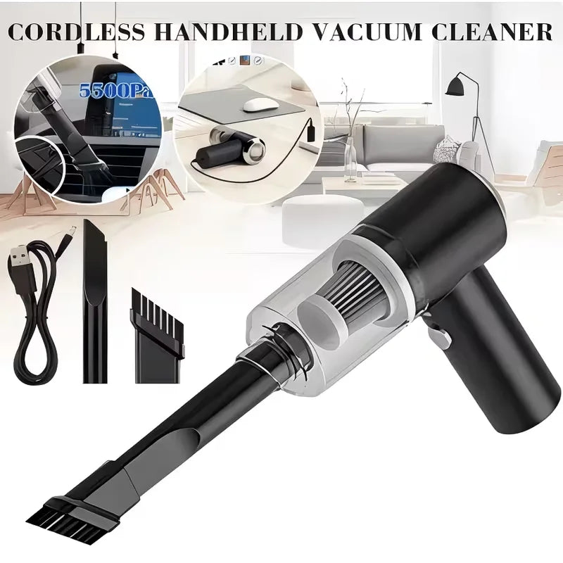 Aspiradora inalámbrica portátil para automóviles, ligera y fácil de transportar, con boquilla angular ideal para limpiar hogares y vehículos, compatible con carga USB y equipada con batería de polímero de litio.