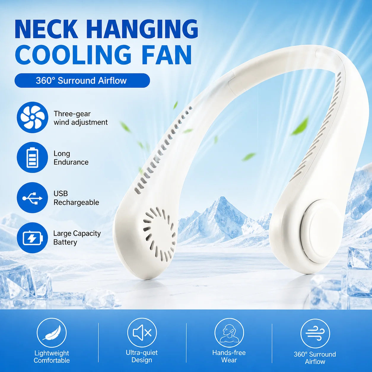 Nuevo Mini Ventilador de Cuello 2026, Portátil, Sin Aspas, Recargable, Enfriador de Aire, 3 Velocidades, Mini Ventilador Deportivo de Verano, Larga Duración para Exteriores
