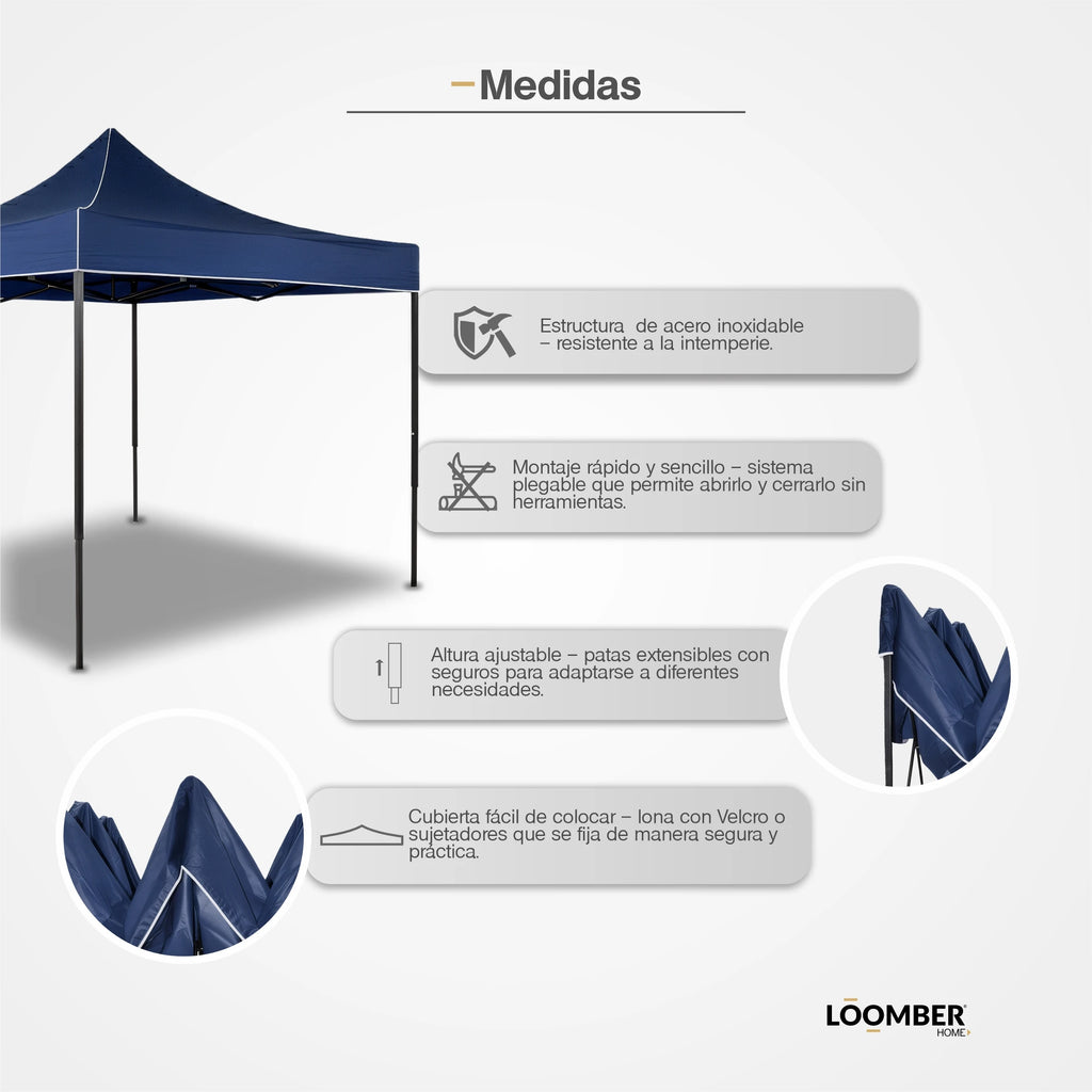 Toldo Plegable Azul 3x3 Metros Loomber Padua Especial Para Eventos, Negocios, Reuniones, Fiestas