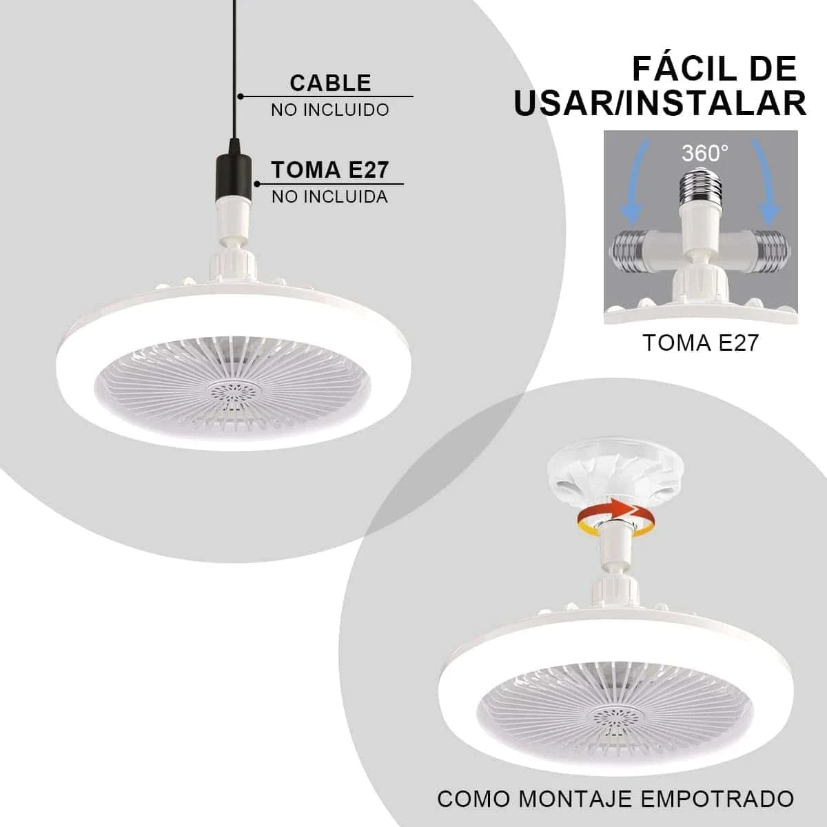Ventilador de techo circular LED con luz y control remoto, temperatura de color ajustable de 3000 K a 6500 K, tres velocidades, ideal para diversos espacios como dormitorios.