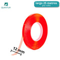 Cinta Adhesiva de Doble Cara PET Transparente de 25 Metros, de 12 mm de ancho, Cinta Adhesiva Poliéster Transparente liner Rojo, reparación pantalla teléfono móvil y manualidades