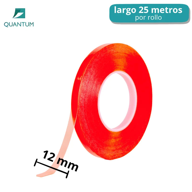 Cinta Adhesiva de Doble Cara PET Transparente de 25 Metros, de 12 mm de ancho, Cinta Adhesiva Poliéster Transparente liner Rojo, reparación pantalla teléfono móvil y manualidades
