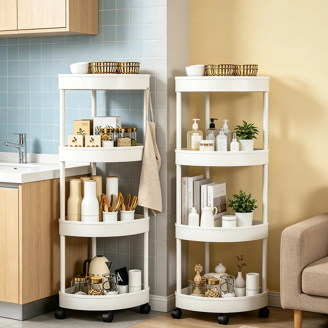 Estantería de almacenamiento para baños y cocinas con múltiples capas, diseño triangular con piso hasta el techo, armario de baño resistente y moderno.