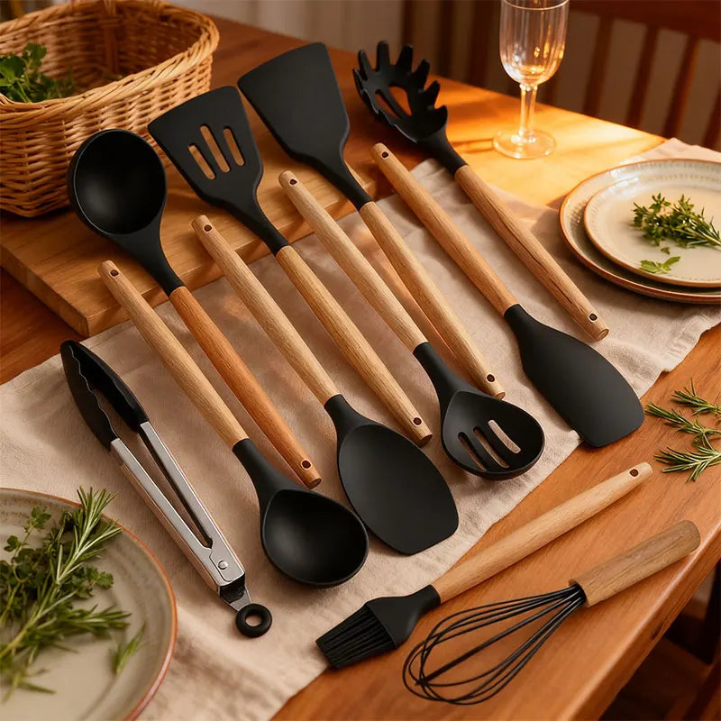 12 piezas Conjunto de utensilios de cocina de silicona,Juego de utensilios de cocina de silicona, juego de gadgets de cocina, 12 piezas raspador de vajilla antiadherente, alicates, pala, cepillo, pala de pasta, adecuad