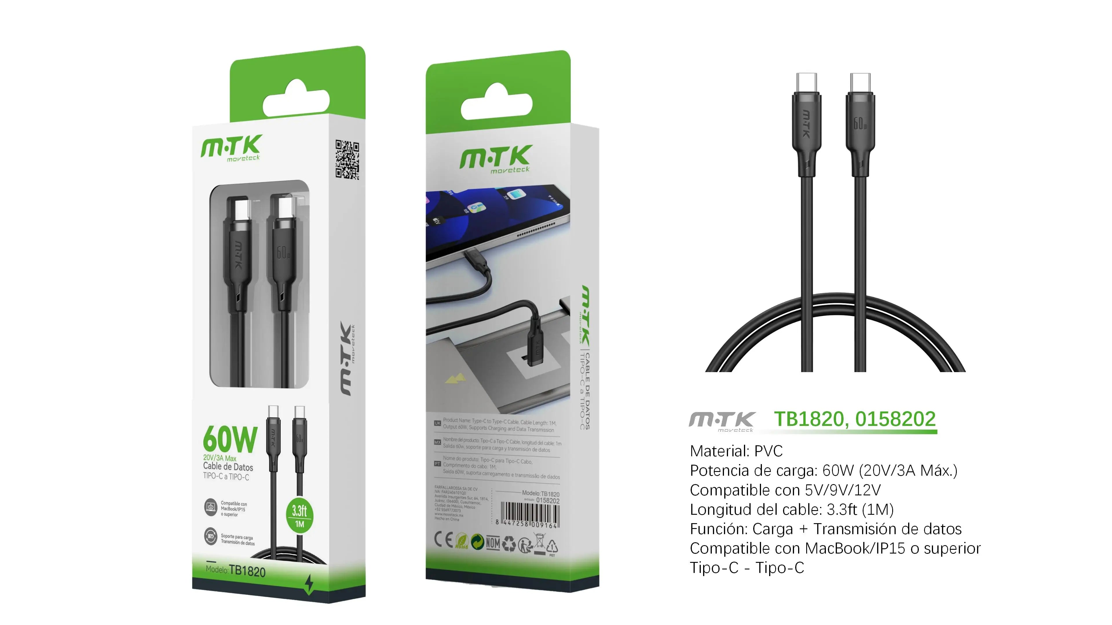 60W Cable USB C 1M Carga Rápida Trenzado – Compatible con iPhone 16/15, Galaxy S24/S23, Pixel, MacBook Air/Pro, iPad Pro, CarPlay, Android Auto (Blanco/Nergo)