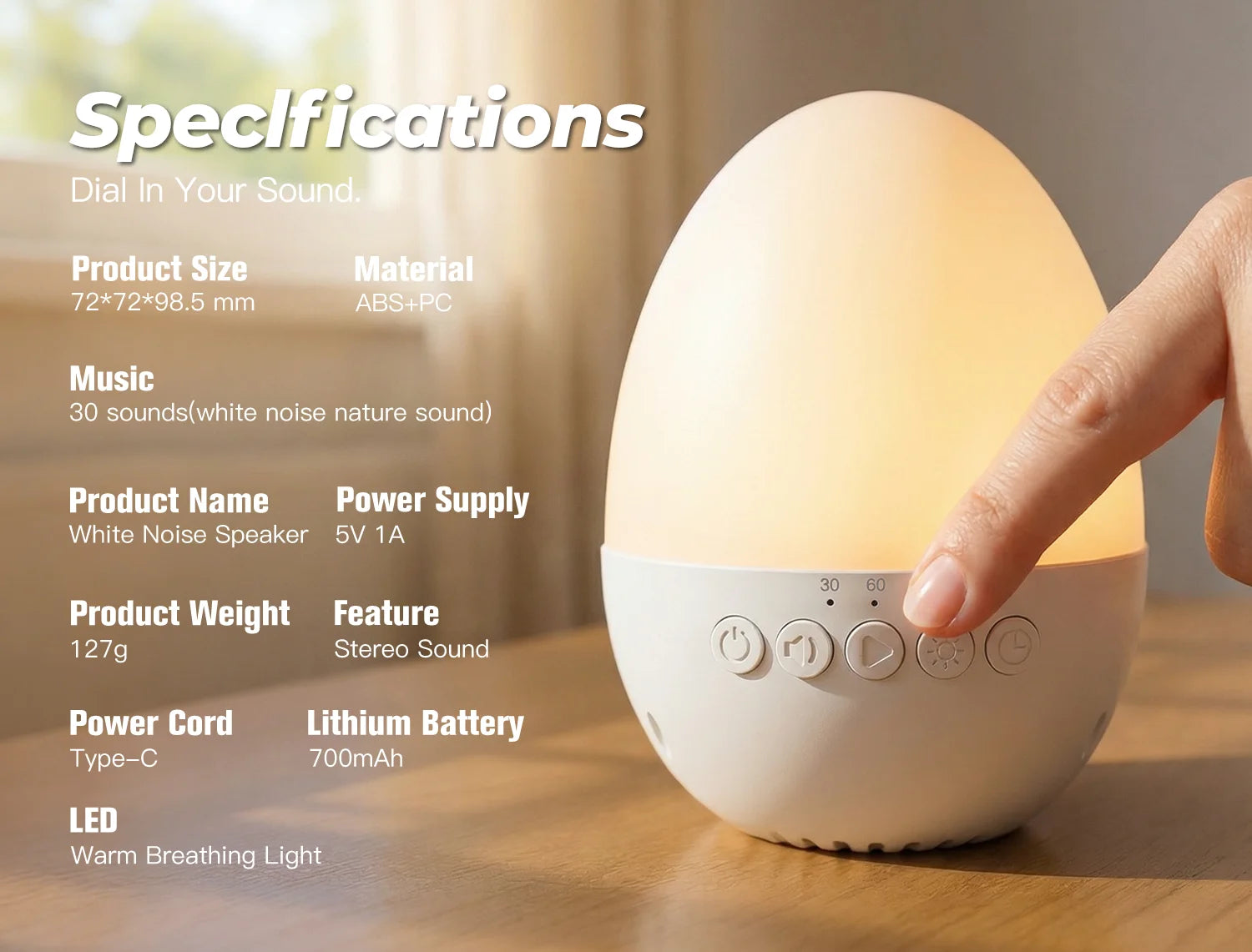 Máquina de Ruido Blanco para Bebés con Detección de Llanto, 30 Sonidos, Luz Nocturna Recargable, Calmante para Dormir, para Guardería, Viajes, Regalos de Pascua