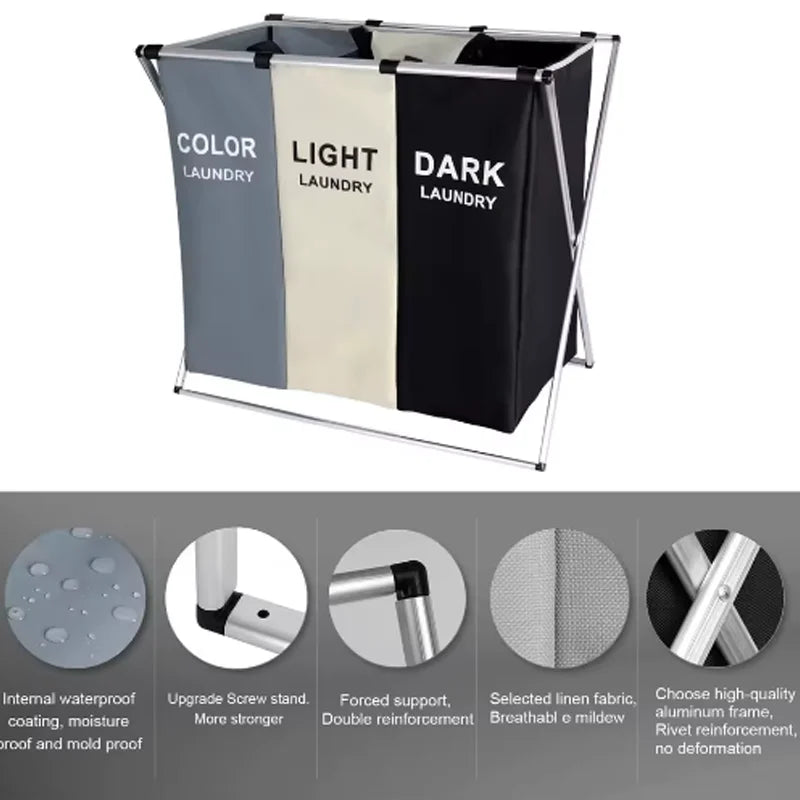 Cesta de Ropa Sucia Plegable Impermeable con 3 Compartimentos, Bolsa de Almacenamiento Organizador para Lavandería