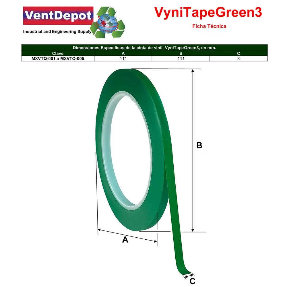 Cinta verde vinil 3mm precisa, MXVTG, Verde, Rollo 66m, 3mm Grosor, Vinil.
