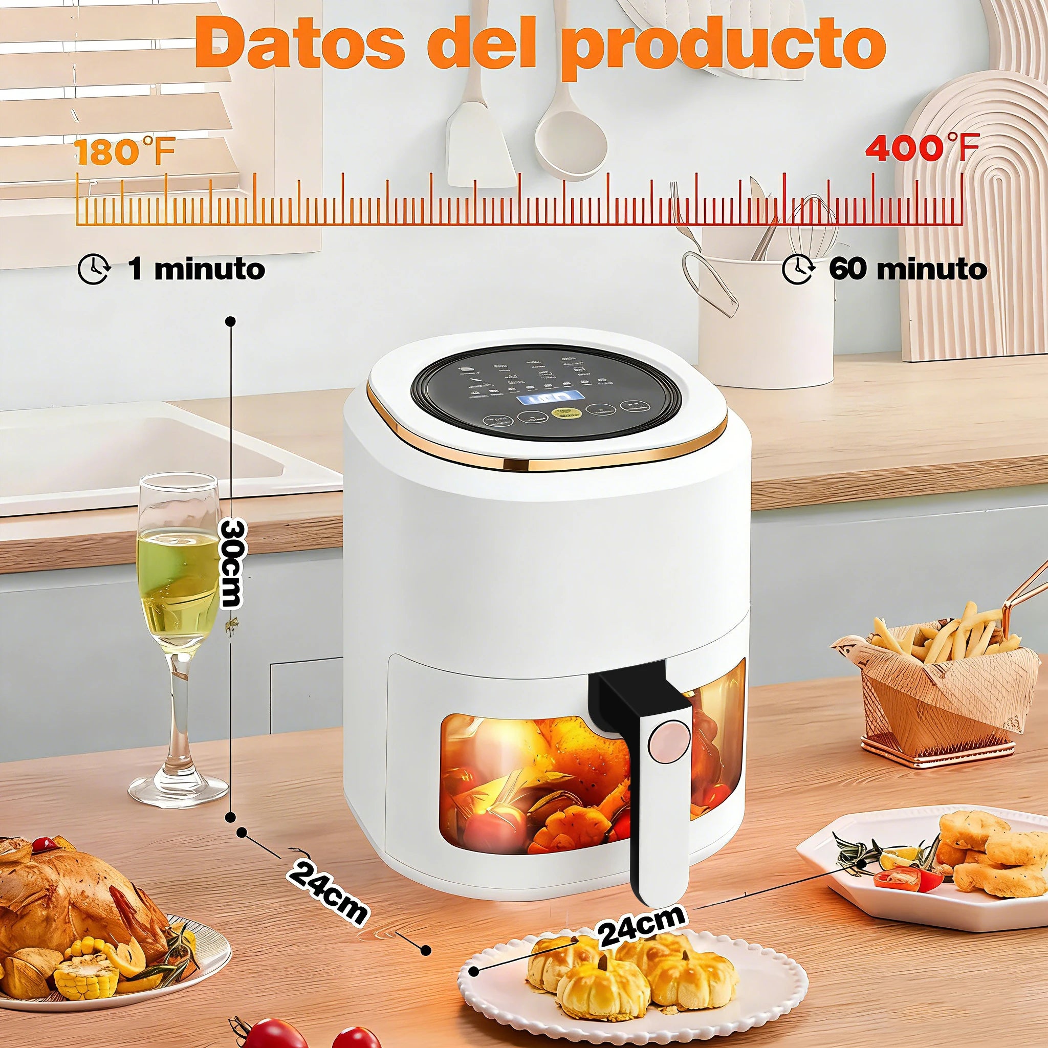 Freidora de Aire 7.5L XXL con Ventana Visual, 10 Programas Automáticos, Cocción Sin Aceite 360°, Antiadherente, Temporizador, Ideal para Pollo/Papas/Pizza, Hogar y Oficina.