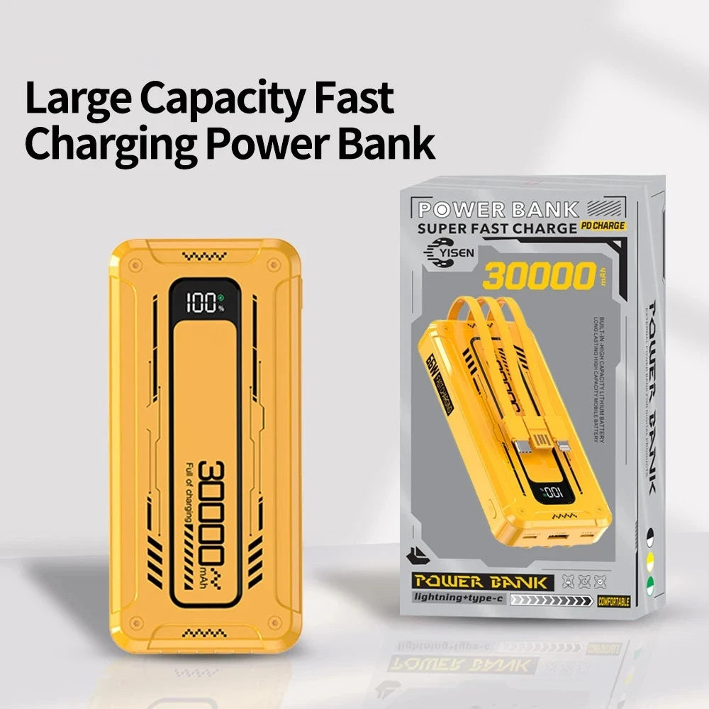 Power Bank Batería Portátil 30000mah YISEN Carga rápida de 22.5w 3 cables incorporados con luz LED