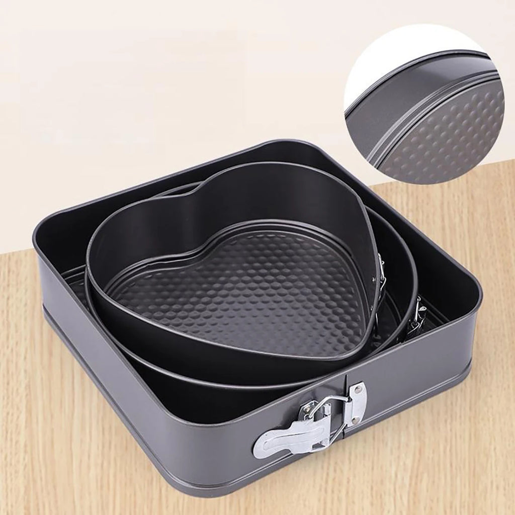 Plato de repostería con resorte, juego de 3 piezas: plato para pastel de forma corazón, redonda o cuadrada, antiapagado y antiadherente, con base desmontable de acero al carbono