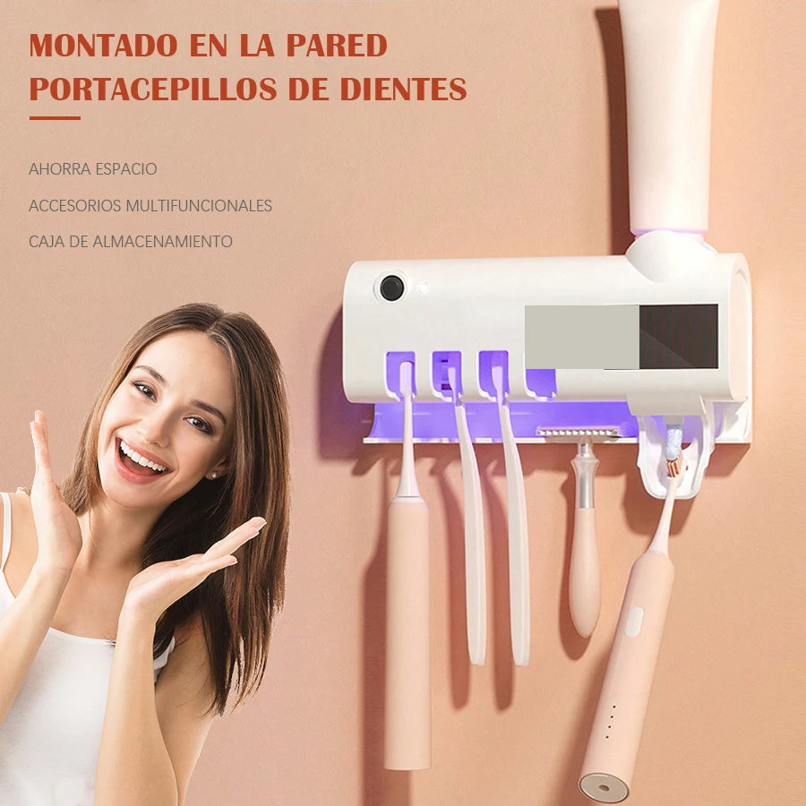 1 soporte de cepillo de dientes de pared con distribuidor automático de pasta de dientes de gas, se puede instalar sin perforación, accesorio de baño multifuncional, ahorro de espacio