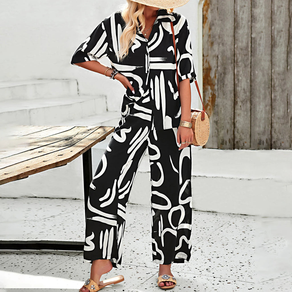 Elegante Conjunto De Dos Piezas Con Estampado De Graffiti Para Mujer,Blusa Abierta Delantera Con Mangas Cortas y Pantalones De Pierna Ancha