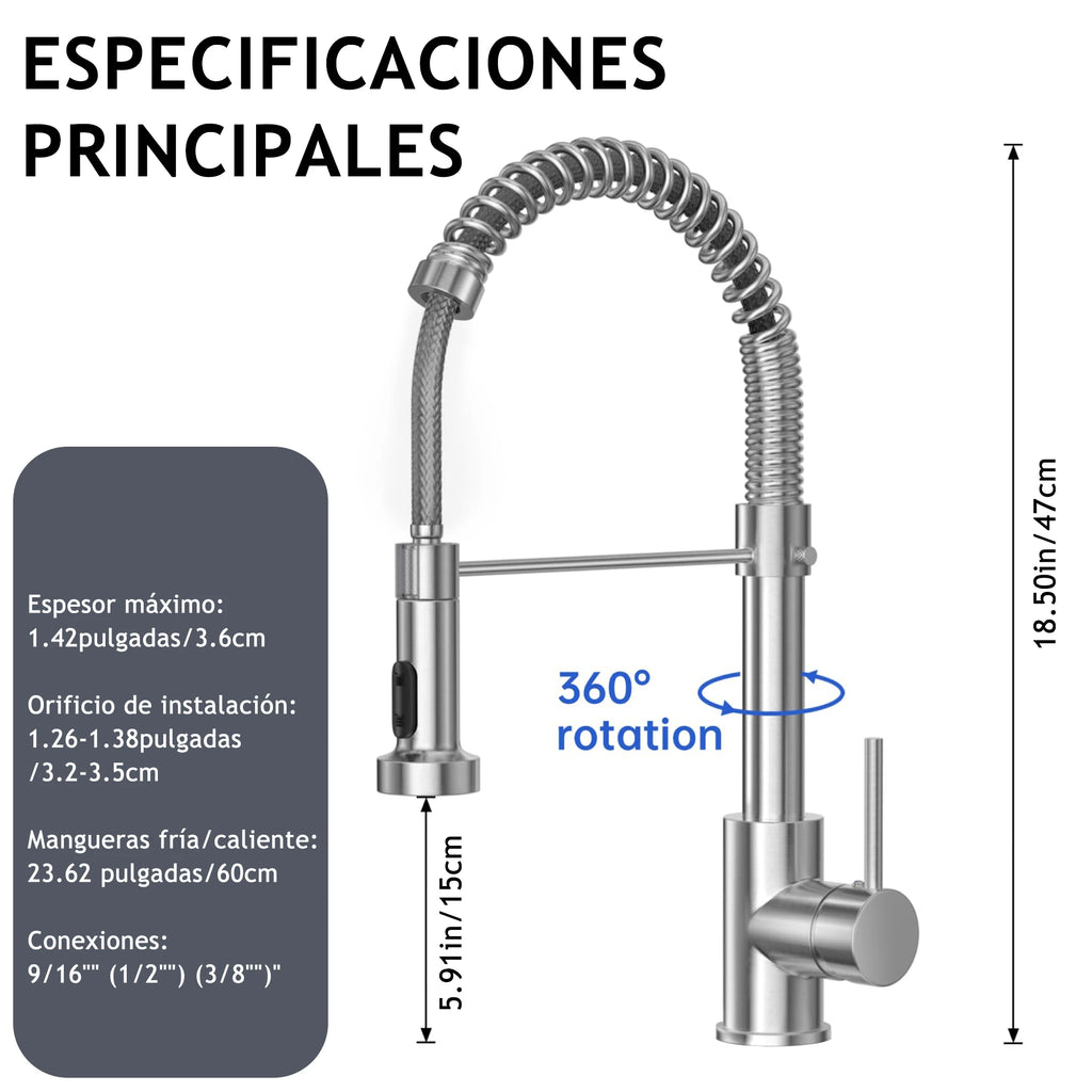 Grifo de Cocina Flexible con Resorte y Porta Toallas - Acero Inoxidable Anti-Óxido, Ajuste 360° para Lavabo de Cocina