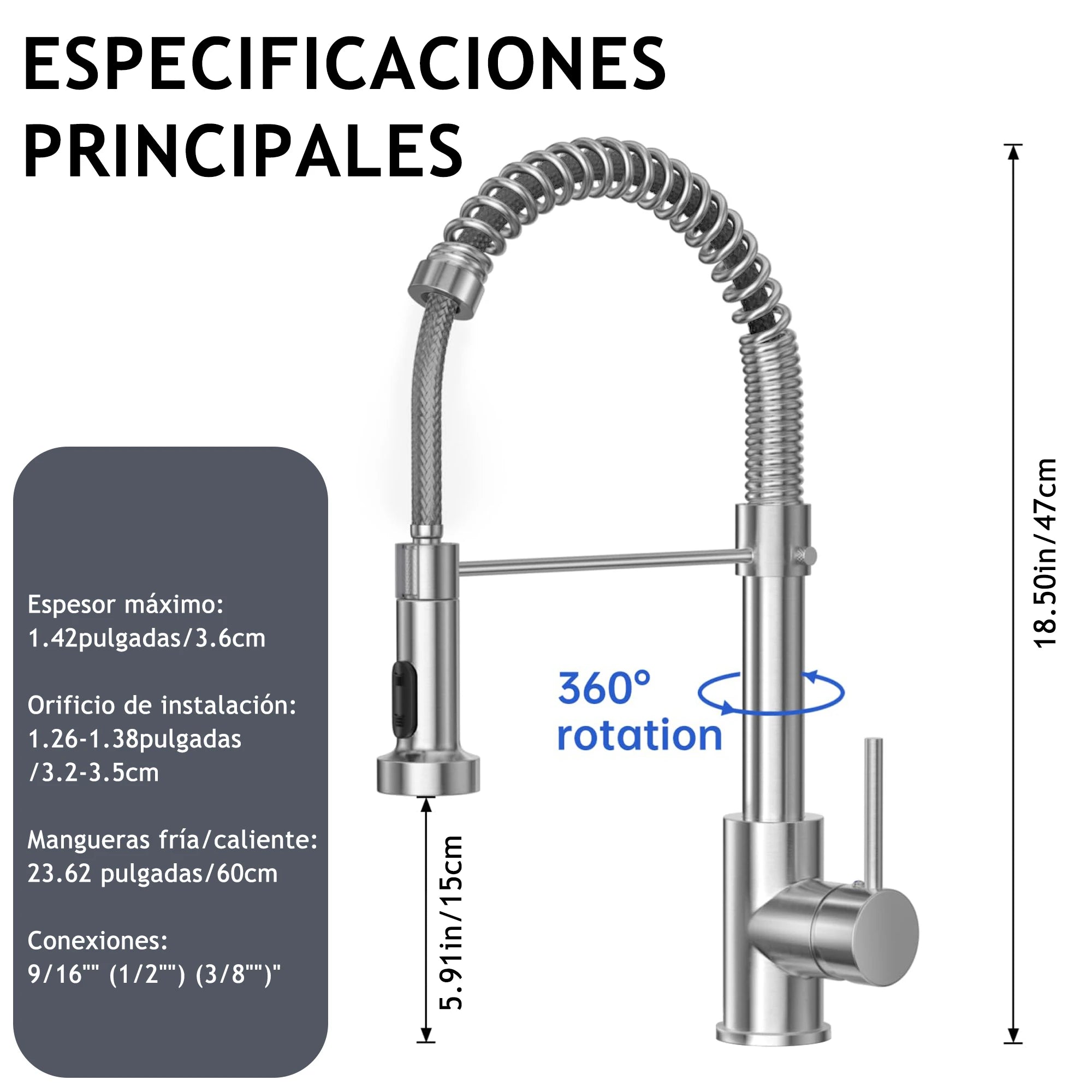 Grifo de Cocina Flexible con Resorte y Porta Toallas - Acero Inoxidable Anti-Óxido, Ajuste 360° para Lavabo de Cocina