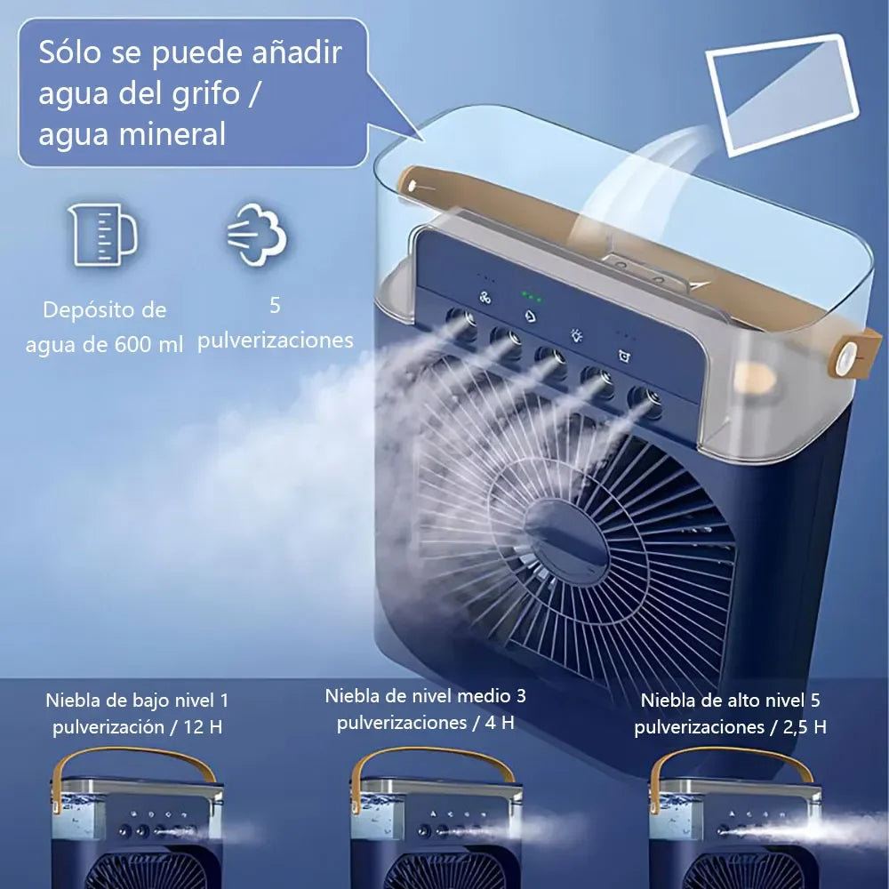Enfriador de Aire Portátil 3 en 1, Mini Ventilador USB con Humidificador y 5 Boquillas de Pulverización. 3 Velocidades, 3 Modos de Pulverización, Temporizador y Luz Nocturna Multicolor,Flujo de Aire Ajustable.