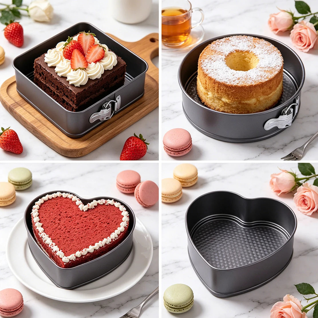 Plato de repostería con resorte, juego de 3 piezas: plato para pastel de forma corazón, redonda o cuadrada, antiapagado y antiadherente, con base desmontable de acero al carbono