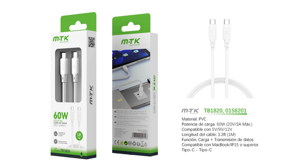 60W Cable USB C 1M Carga Rápida Trenzado – Compatible con iPhone 16/15, Galaxy S24/S23, Pixel, MacBook Air/Pro, iPad Pro, CarPlay, Android Auto (Blanco/Nergo)